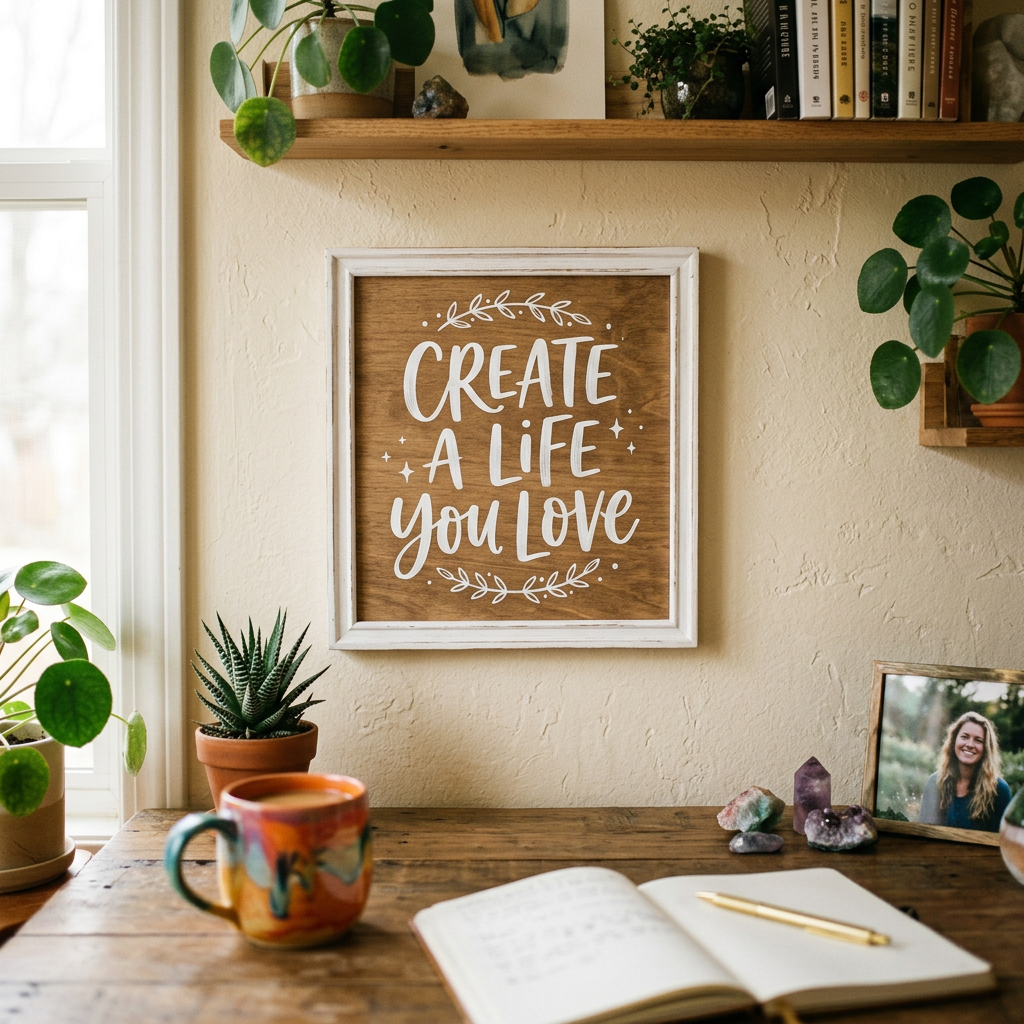 Wooden framed artwork with text 'Create a life you love' hanging on textured wall above desk with plants and notebook.